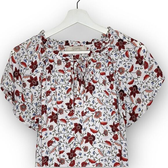 LOFT Loft White Red Floral Tie Front Flowy Top Blouse Short Sleeve Women Size XL - Picture 3 of 9